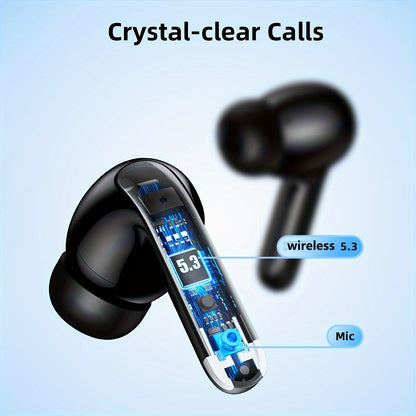 Wireless Earbuds, Wireless 5.3 Headphones with 13mm Speaker, Ultra-Long Playtime, Type-C Fast Charging Case, Stereo Wireless In-Ear Earbuds for iPhone and Android, Gaming Business Sports Headset Microphone. Display with Digit