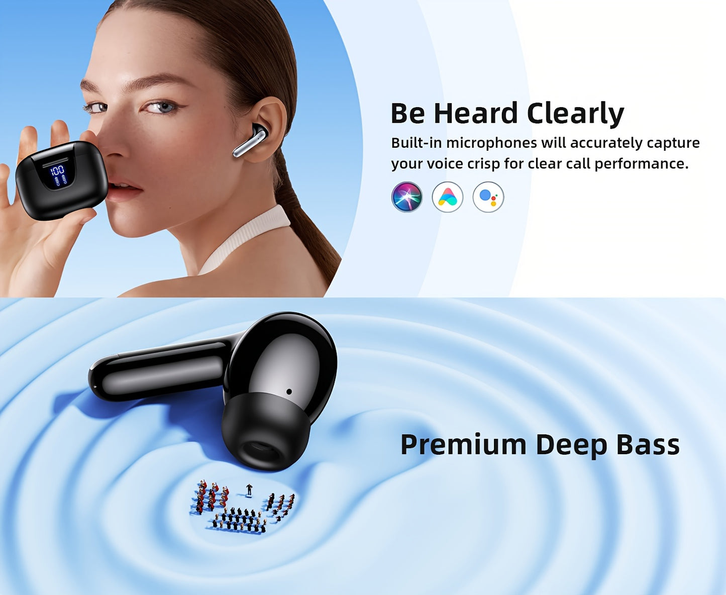 Wireless Earbuds, Wireless 5.3 Headphones with 13mm Speaker, Ultra-Long Playtime, Type-C Fast Charging Case, Stereo Wireless In-Ear Earbuds for iPhone and Android, Gaming Business Sports Headset Microphone. Display with Digit