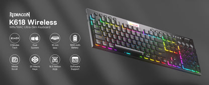 Redragon K618 Horus: Teclado Mecánico Low Profile (Tri-Mode & RGB)