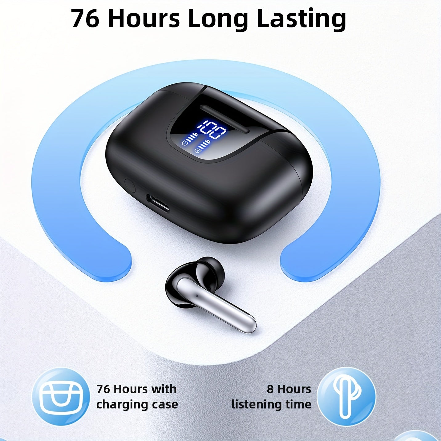 Wireless Earbuds, Wireless 5.3 Headphones with 13mm Speaker, Ultra-Long Playtime, Type-C Fast Charging Case, Stereo Wireless In-Ear Earbuds for iPhone and Android, Gaming Business Sports Headset Microphone. Display with Digit