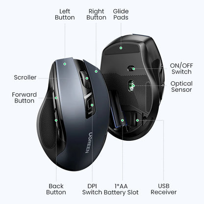 Mouse Ergonómico Ugreen Pro: Bluetooth 5.0 + 2.4G & 4000 DPI