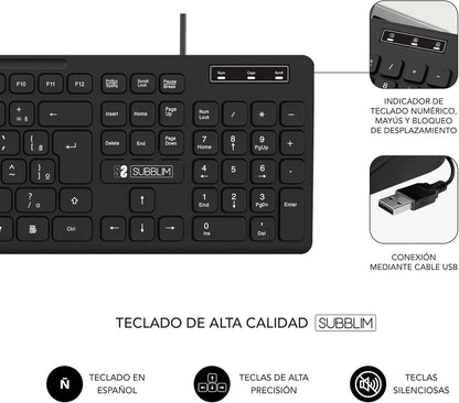 Teclado Subblim Business Slim: Silencioso, Plano y Español (Negro)