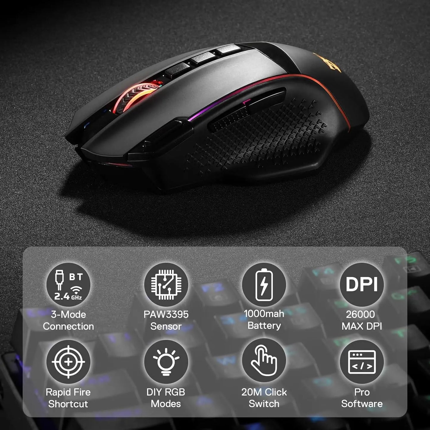 Mouse Gamer Redragon M991: 26000 DPI, Tri-Mode & 9 Botones Macro
