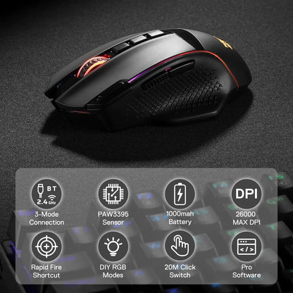 Mouse Gamer Redragon M991: 26000 DPI, Tri-Mode & 9 Botones Macro