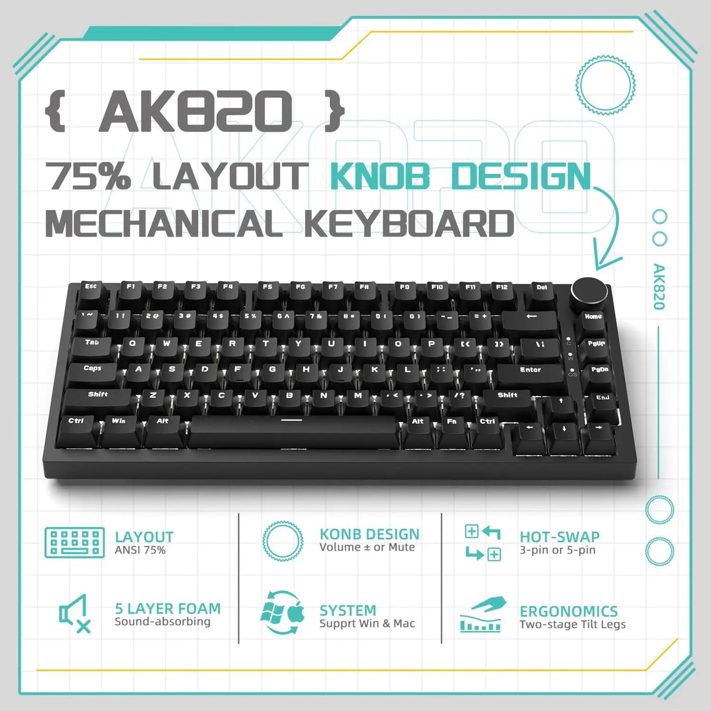 AJAZZ AK820: Teclado Mecánico 75% con Perilla Multimedia
