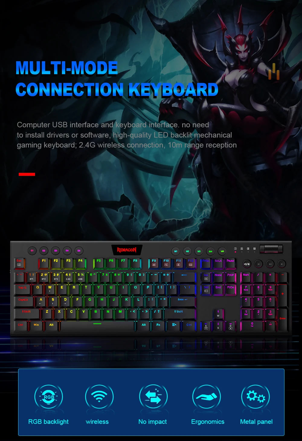 Teclado Mecánico Redragon K618 Horus: Ultra-Slim, Tri-Mode & Bluetooth