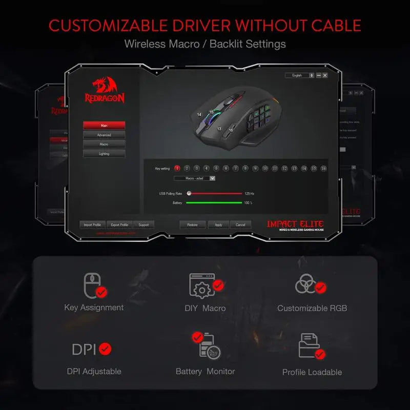 Redragon M913 IMPACT ELITE: Mouse Gamer Wireless & 16 Botones