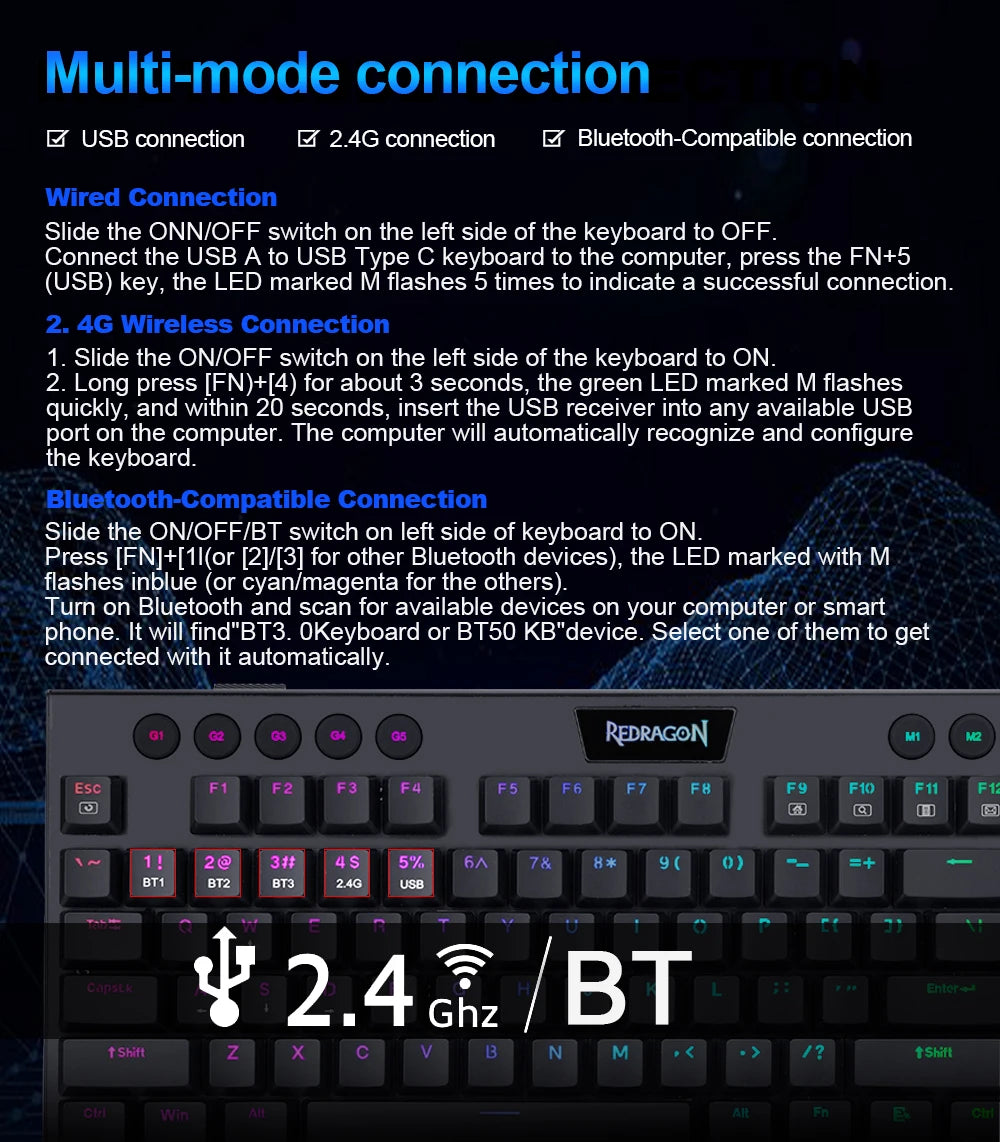 Teclado Mecánico Redragon K618 Horus: Ultra-Slim, Tri-Mode & Bluetooth