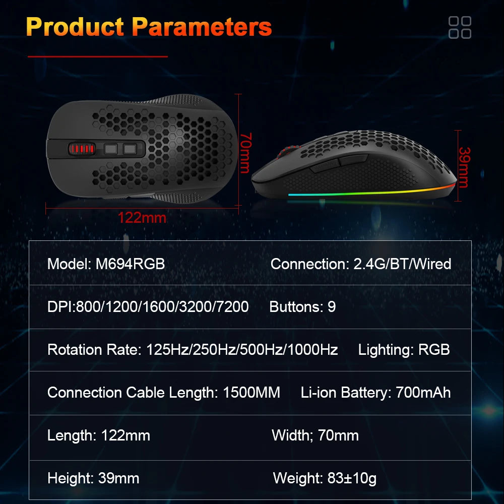 Redragon M694 HANA: Mouse Gamer Tri-Mode (Wireless, BT & Wired)