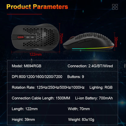 Redragon M694 HANA: Mouse Gamer Tri-Mode (Wireless, BT & Wired)