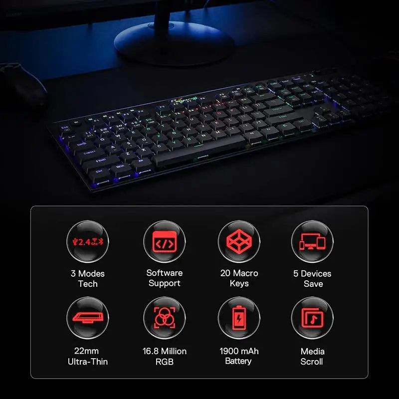 Redragon K618 Horus: Teclado Mecánico Low Profile (Tri-Mode & RGB)