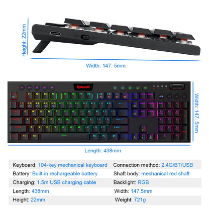 Teclado Mecánico Redragon K618 Horus: Ultra-Slim, Tri-Mode & Bluetooth