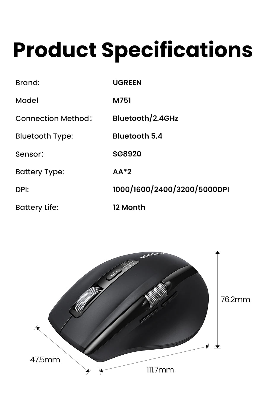 Mouse Ugreen Hyper-Fast Scroll: Bluetooth 5.4 & 5000 DPI Pro