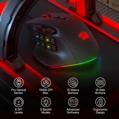 Redragon M811 AATROX: Mouse Gamer MMO con 15 Botones Programables